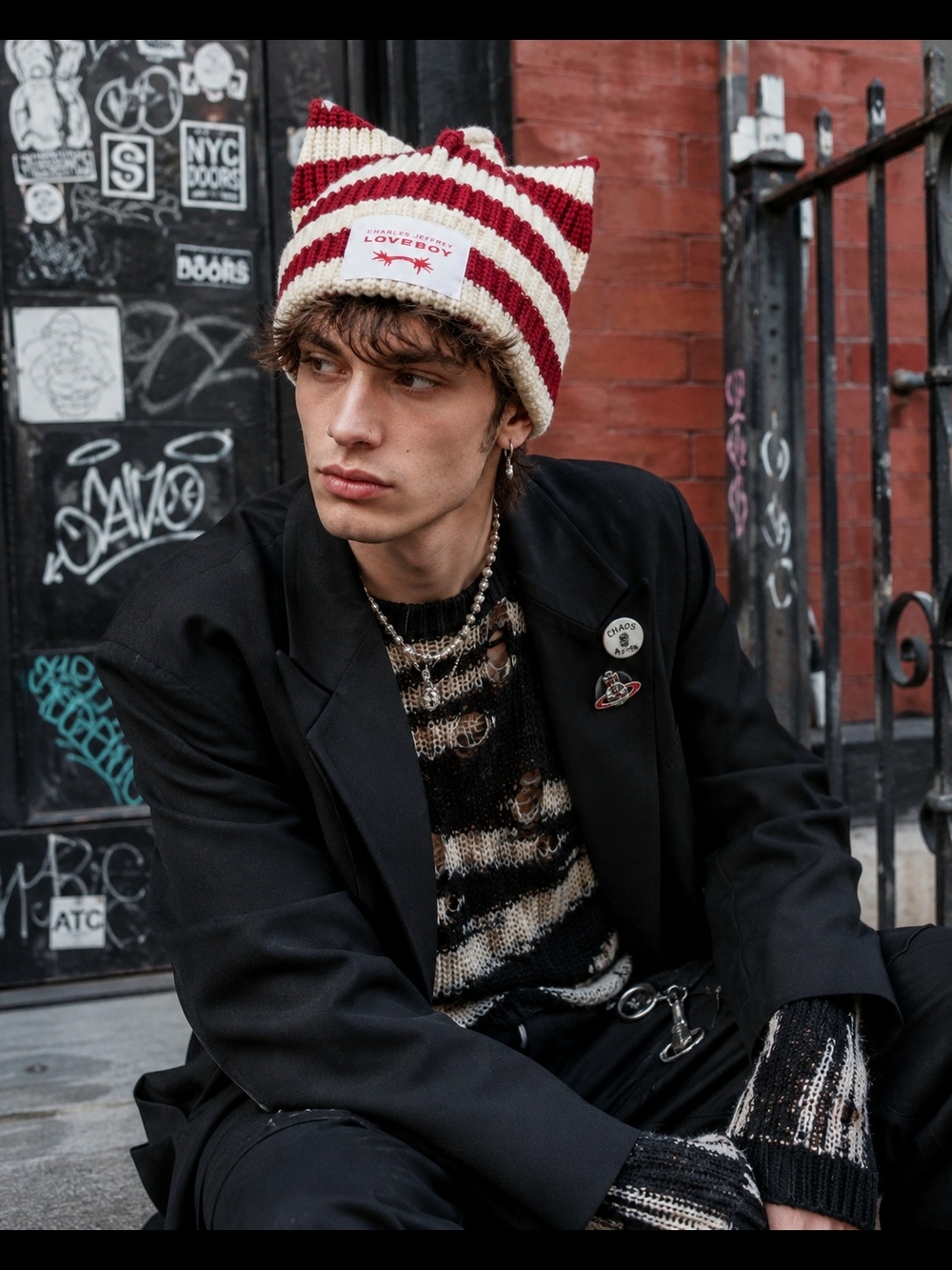 Charles Jeffrey Loverboy Striped Ears Beanie Red Ecru Wool Avant Garde Designer